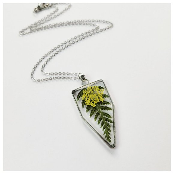 Floral Pendant Necklace Pressed Dried Flowers and Leaves Yellow and Green Floral - Picture 4 of 9